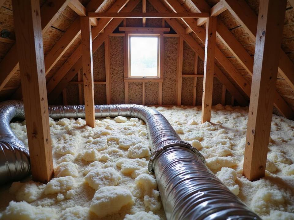Attic with ductwork and aging insulation in a Wichita Falls home