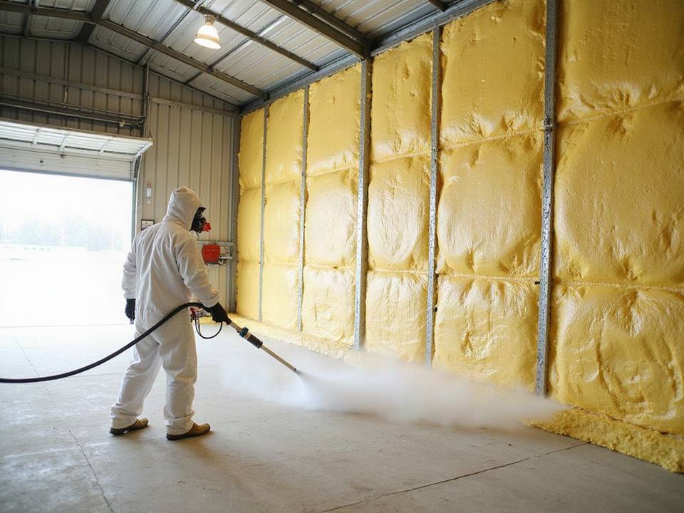 Installer spraying closed cell foam inside a metal shop